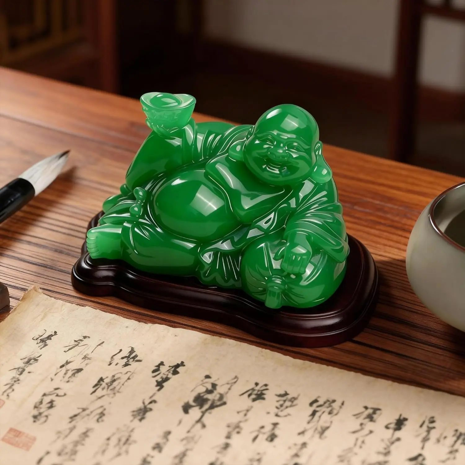 5.3" Handcrafted Polystone Resin Green Laughing Buddha Statue - Religious Ornaments for Good Luck, Wealth & Feng Shui, Home & Office Decor, Meditation Gift for Inspiration & Serenity