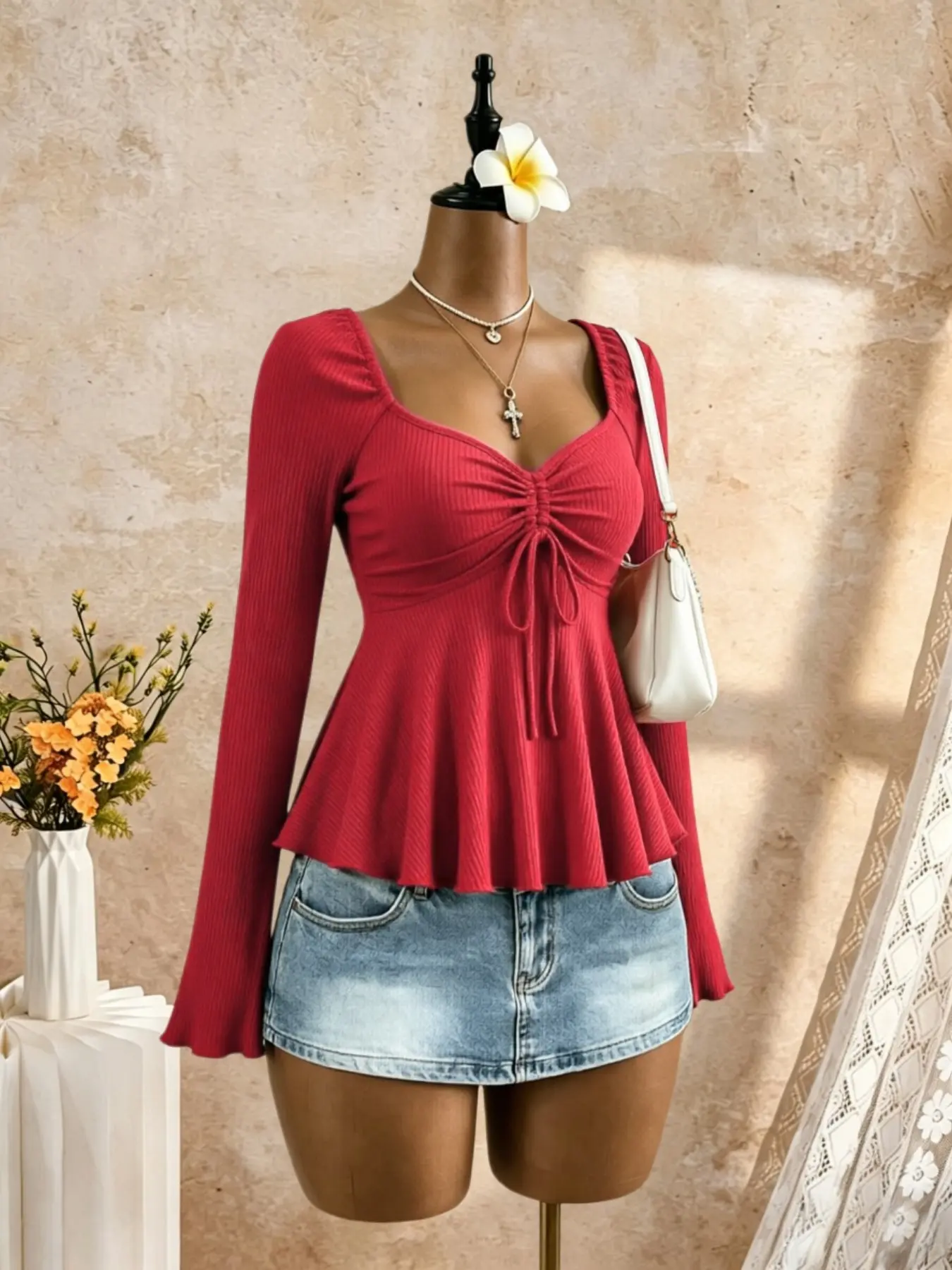 Women's Long Sleeve Ruffle Top, Heart V Neck Front Tie Wrinkle Slim Fit Casual, Elegant, Feminine and Comfortable Ladies' Blouse