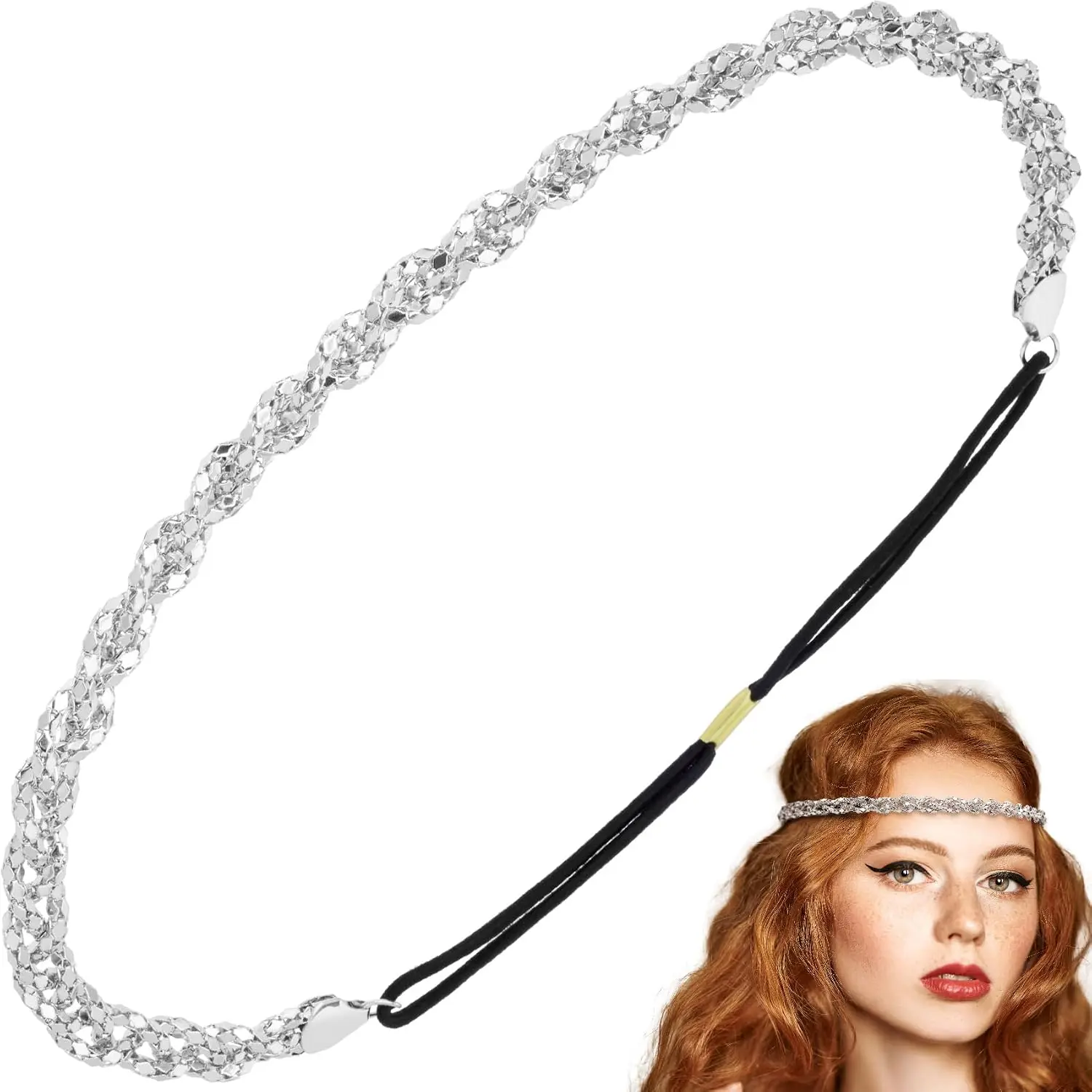 Adjustable Sparkly Braided Headpiece, 1 count,  | Elastic Metal Rhinestone Headbands for Women, Bling Headbands  70s Hair Accessories  for Weddings Party Daily