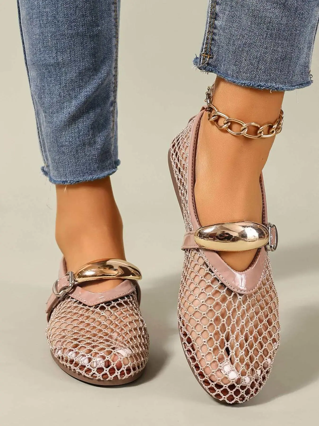 Women's Mesh Ballet Flats, Round Toe Breathable with Metal Buckle, Mary Jane Style for Casual & Office Wear, Casual Flat Shoes