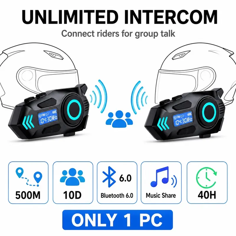 Motorcycle Helmet Bluetooth Headphones, Multi-Rider Intercom Headset with 40mm Speaker, Digital Display and Ambient Light