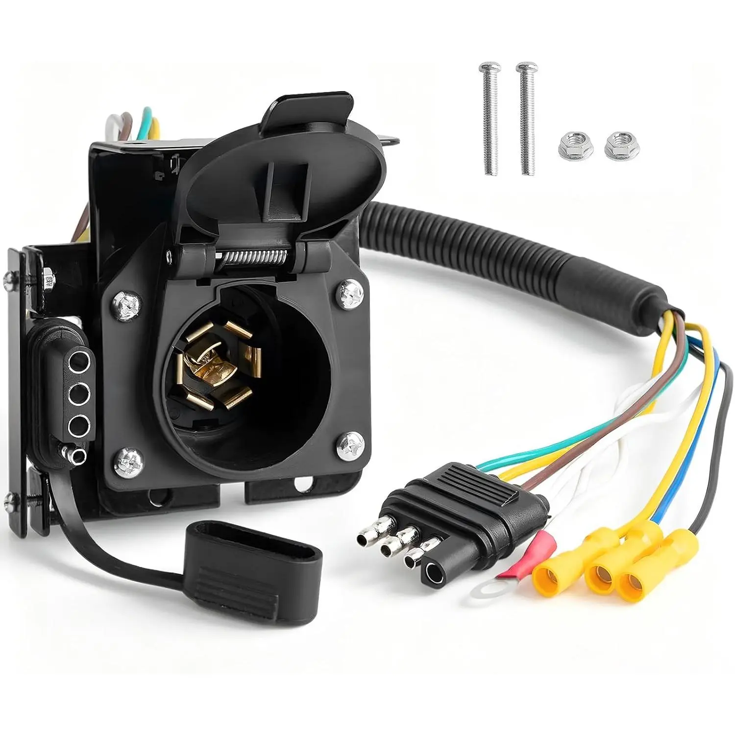 7 Pin to 4 Pin Trailer Adapter with Mounting Bracket, Heavy-Duty RV 4 Flat to 7 Blade Premium Dual Connectors, 7 Way to 4 Way Plug Adapter - Trailer Light Wiring Kit for Trucks, Campers, Boats