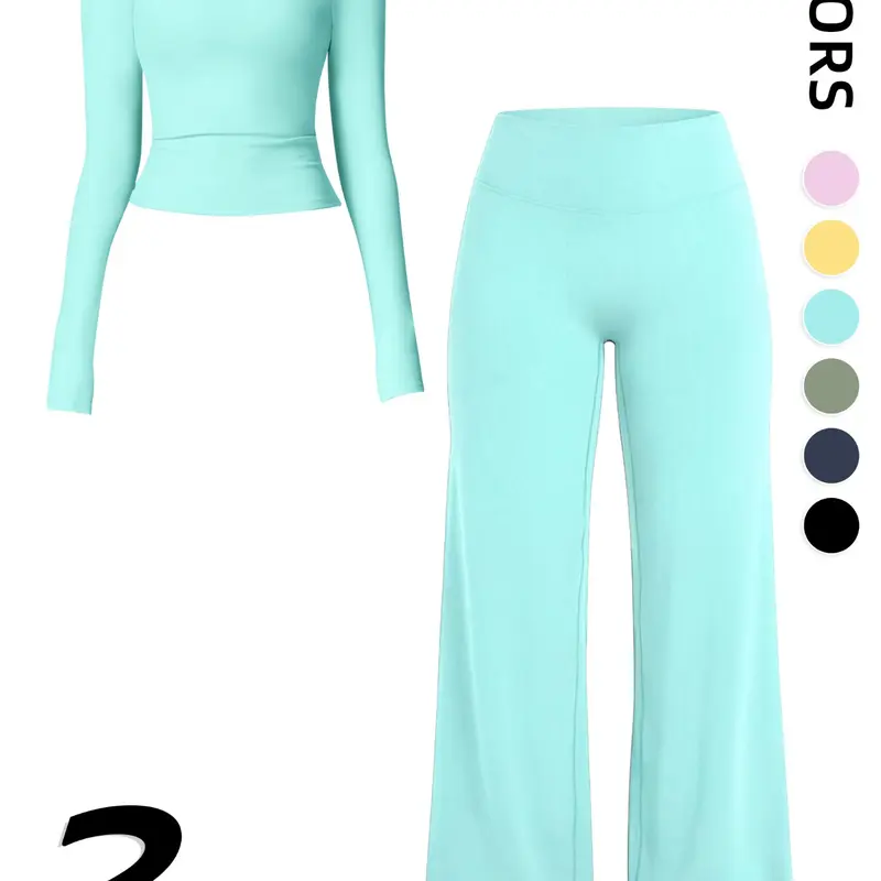 Women’s yoga set – long-sleeve top + wide-leg pants, comfortable and stretchy, ideal for fall/winter, casual gym wear