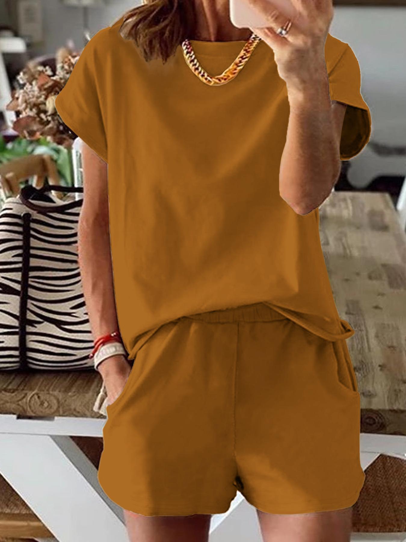 Women's Solid Minimalist Co-ord Set, Casual Fitted Short Sleeve Round Neck Tee & Elastic Waist Shorts Set, Women's Summer Clothes for Daily Wear, Cute Summer Outfit