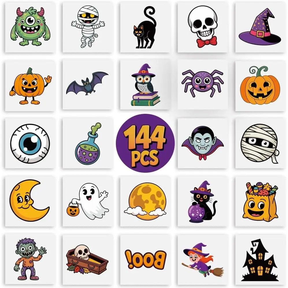 144PCS Halloween Temporary Tattoos  Kids – 24 Unique Child-Friendly Designs, Perated Sheets – Trick or Treat Party Favors, Classroom Handouts, Exchange Gifts