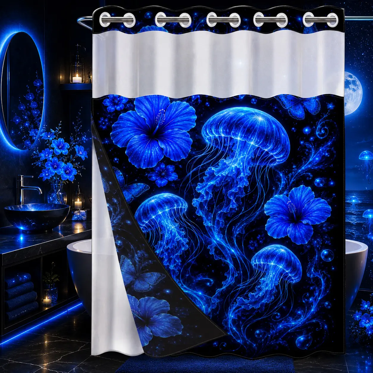 1Pc Hookless Double Layer Shower Curtain, Glowing Blue Jellyfish Hibiscus Butterfly Bubble Print, Waterproof Mildew Resistant Fabric, Deep Sea Bathroom Decor, Removable Snap-in Liner Accessory, Top See-Through Window, Divider Curtain, 71×74 Inch