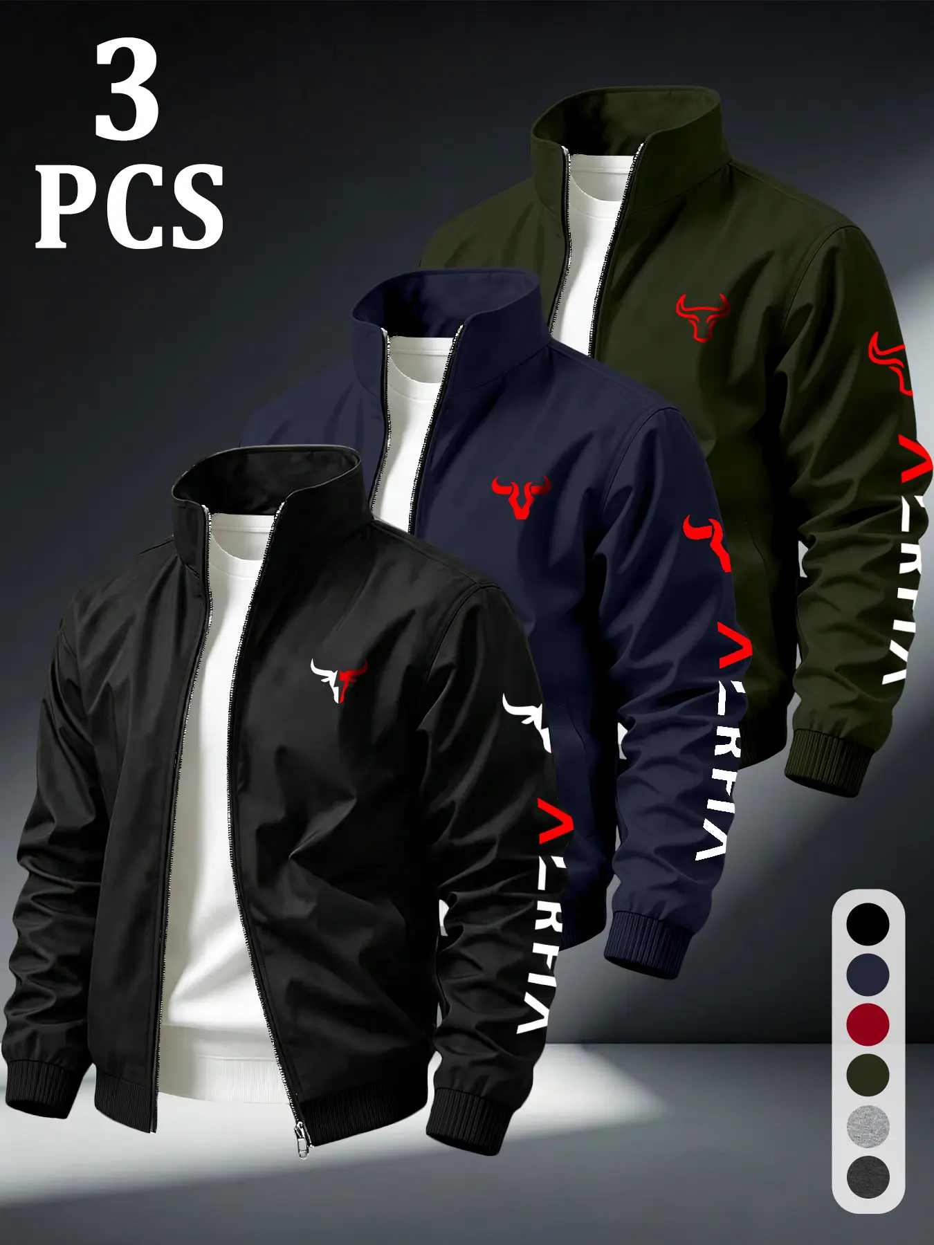 3 Piece Men's Stand Collar Zipper Sport Jacket, Colorblock Bull Head Alpha Letter Print, Windproof Smooth Fabric, Casual Outerwear, Casual Athletic Jacket