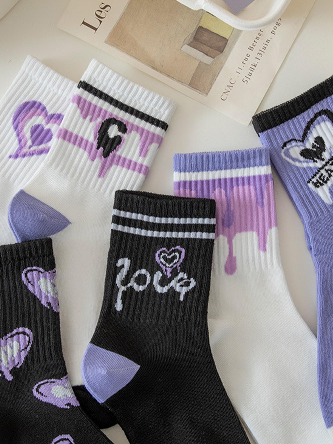 Women's 7 Pairs Heart & Letter Print Crew Socks, Casual Stylish Socks, Soft Comfy Socks, Preppy Casual Soft Comfortable Breathable Striped Print Mid-calf Socks for Daily Wear, Multipack Knit Socks for All Seasons, Sock Set