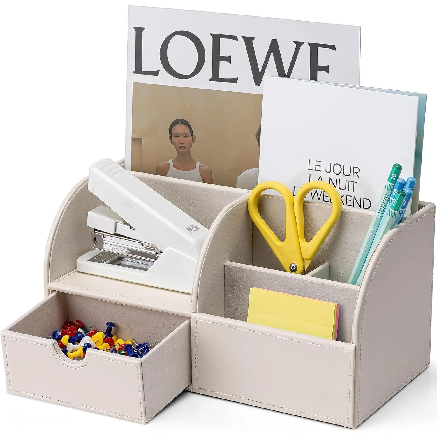 Office Desk Organizer Leather Desktop Organizer  with Drawer for Storing Desktop Supplies and Accessories (White) | White leather desktop  with compartments and a drawer organizes pens, notes and supplies for a clean workspace