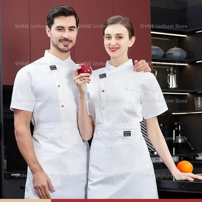Summer Head Chef Uniform Men Black Chef Coat Logo Short Sleeve Chef Jacket Apron Restaurant Hotel Kitchen Cooking coat Clothes