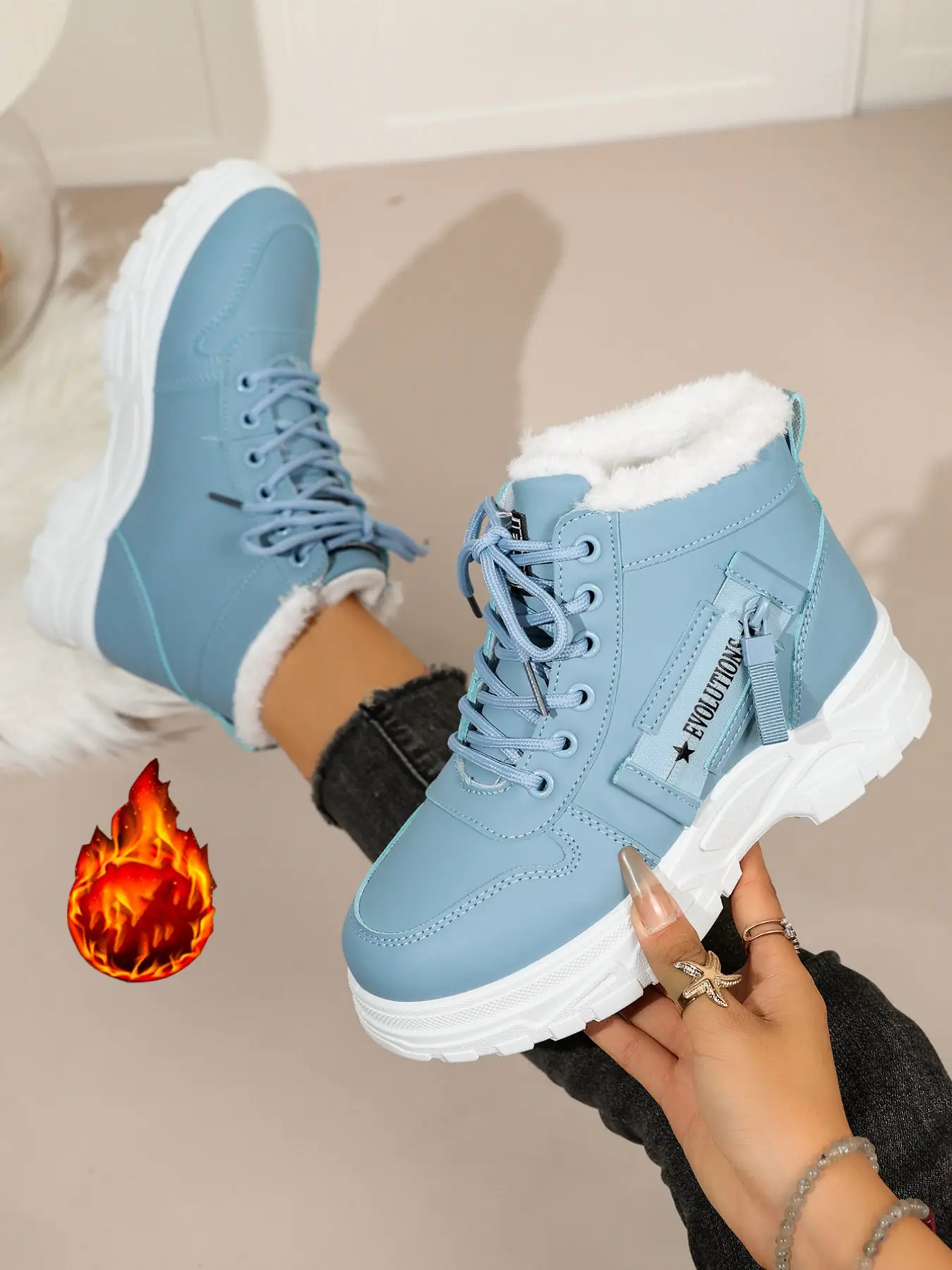 Women's High Top Thick Sole Boots, Winter Fuzzy Lining Warm Shoes, Strap Pocket Decor, Anti-Slip Outdoor Boots, Fall Winter Casual Workwear Footwear