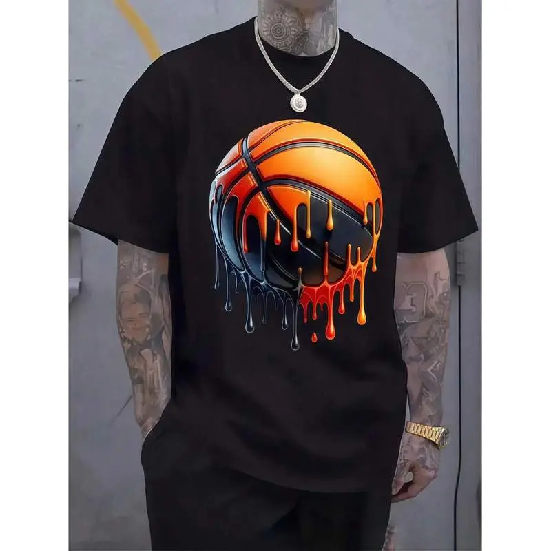 1 Pc Men's Clothing Dripping Basketball Printed Black Tshirt, Graphic Tee, Summer Tops, Shirt, Unisex Casual Crew Neck Tshirt, Plus Size Men's 5XL,