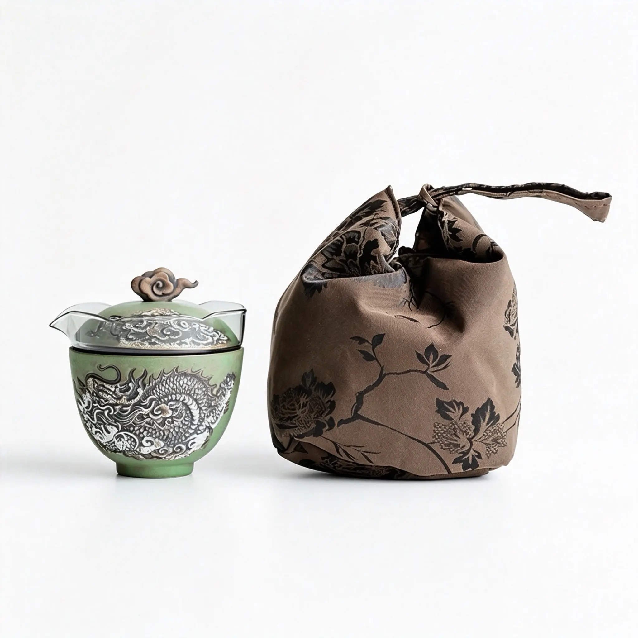 Dragon Pattern Relief Ceramic Tea Set, Tea Cups Set, Travel Kit, Oriental Art Style, Home Gift, Includes Teacup, Lid, Bowl, Perfect for Tea Lovers