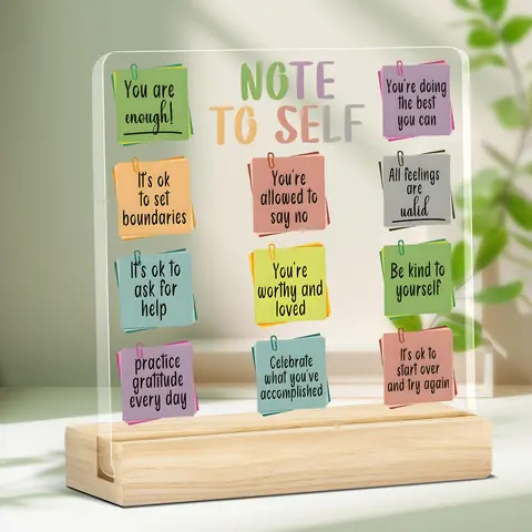 Self Care Acrylic Desktop with Wood Base, Acrylic Desktop Decoration, Daily Affirmation Motivational Quote Desk Signs, Ideal Gift for Women, Teens, Friends on Birthday, Christmas