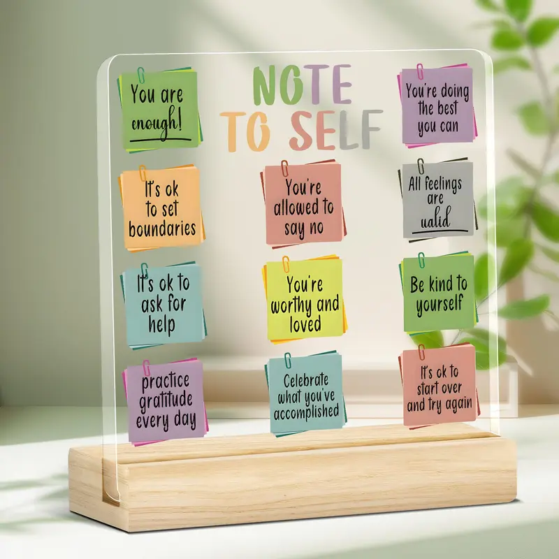 Self Care Acrylic Desktop with Wood Base, Acrylic Desktop Decoration, Daily Affirmation Motivational Quote Desk Signs, Ideal Gift for Women, Teens, Friends on Birthday, Christmas