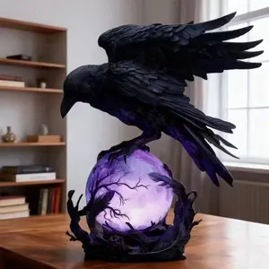 Gothic Resin Crow Statue Light Ornaments, Crow Perched on Glowing Sphere Outdoor Moon Lamp, All Season Decor for Christmas & Halloween, Unique Gift for Gothic Collectors & Book Lovers