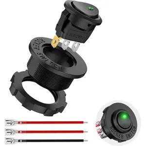 Nilight 1PC Round Rocker Switch with Shell 12V 24V 20A Green LED Toggle swtich with 16AWG Wires SPST 3Pin 2 Position for Car Truck Vehicle Boat Marine Rocker On Off Control