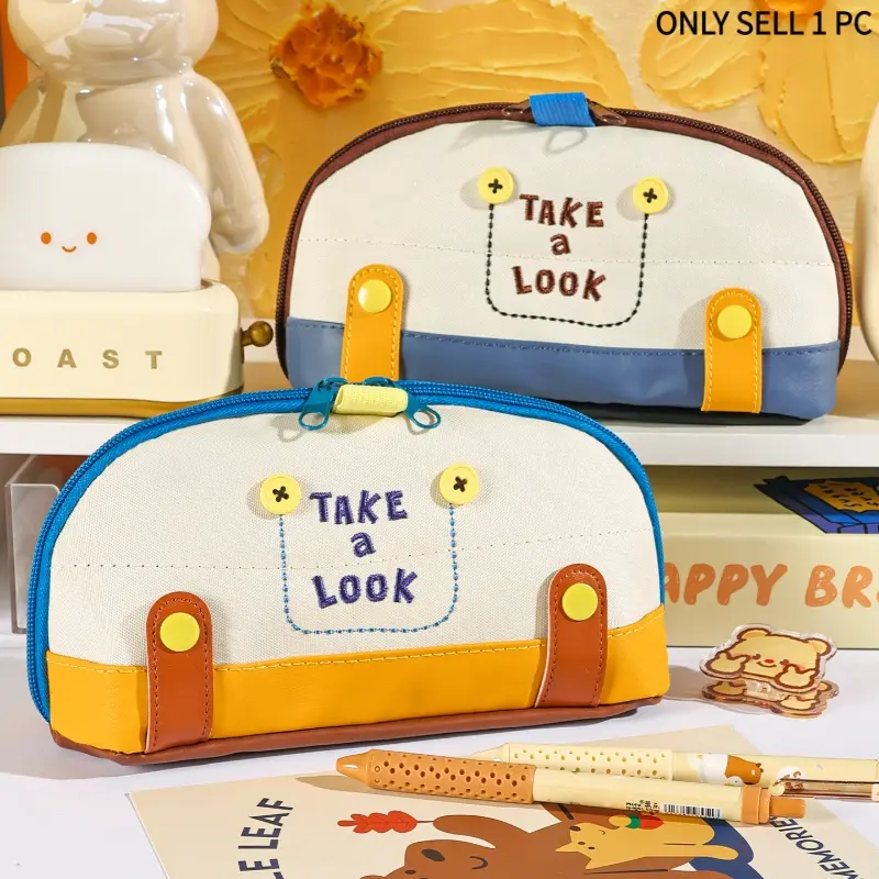 Aesthetic Color-Block Embroidered Button Pencil Case - Small Design Large Capacity Multi-Layer Storage Handbag for Stationery, School & Office
