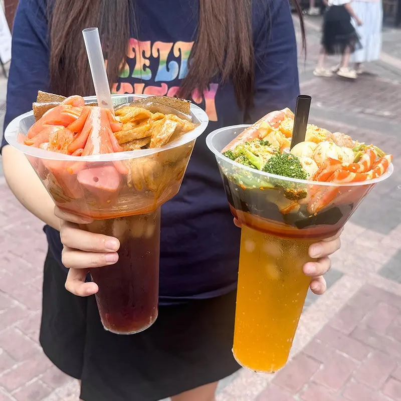 5/10pcs Snack and Drink Cups with Straw, Transparent Plastic Stadium Glass Cups with Snack Bowl Lid, Disposable Drinkware Party Cups for Movie Night, Road Trip, Stadium, Clear Cups with Lids and Straws