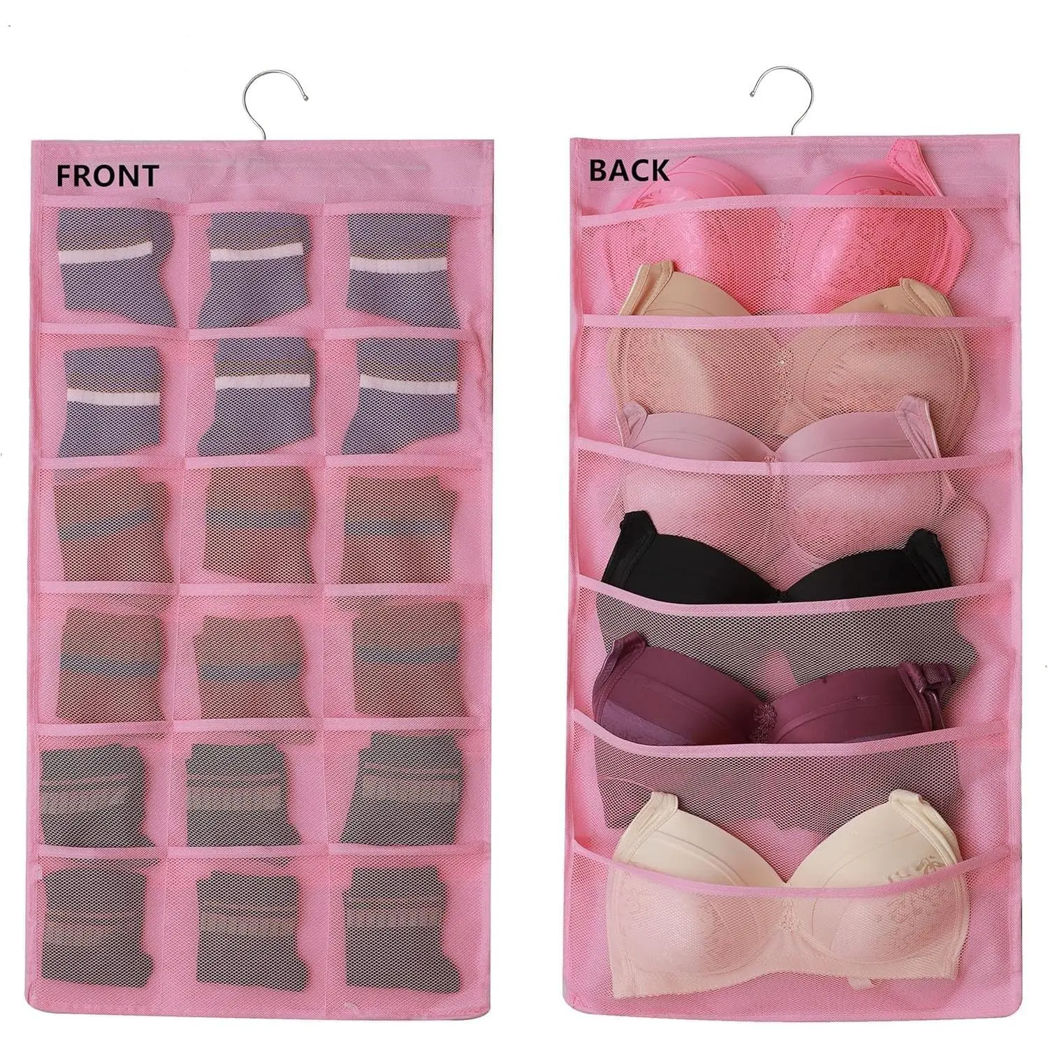 Mesh Pockets -Sided Closet Organizer for Underwear,Bra,Socks,Accessories with Hanger, 24 Pockets