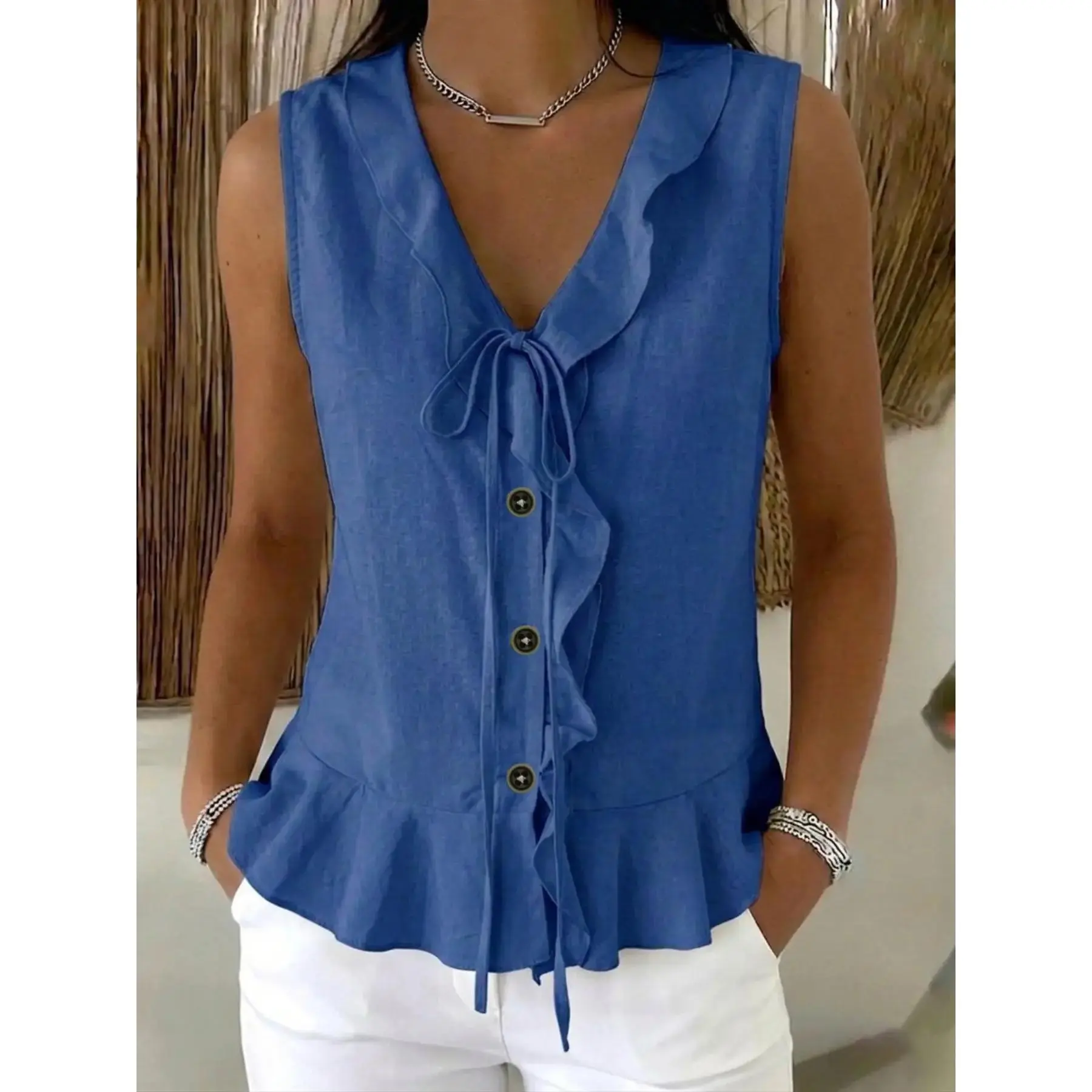 Women's Plain 8-Color V-Neck Ruffle Tie Backless Sleeveless Top - Casual Leaf Hem Blouse for Daily Wear