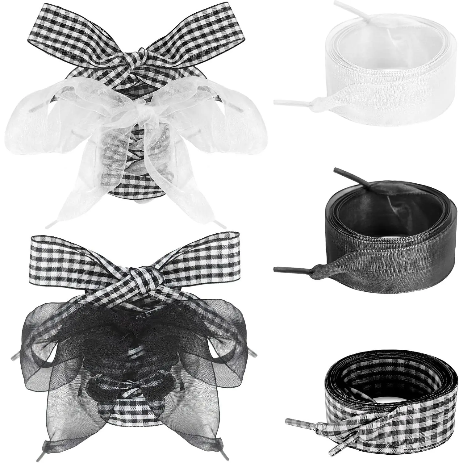 3 Pairs Ribbon Shoe Laces, Cute Fun Women Gingham  Shoelaces | Flat, Fun, Cool, Funky, Checkered Patterned Striped Tartan Sheer Flowy Snow Yarn Shoe Strings Set for Women Girls Sneakers