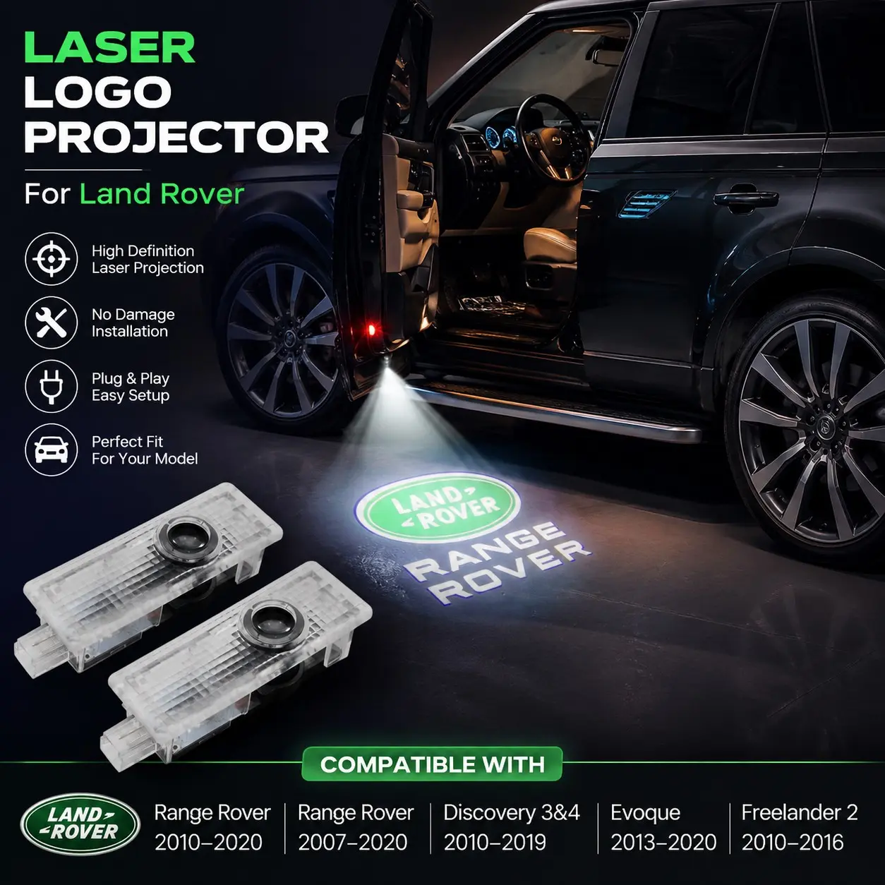 2PCS 4K HD LED Logo Projector Welcome Lights Compatible with Land Rover Range Rover 2007-2020, Discovery 3 4, Evoque, Freelander 2 | Plug & Play Door Courtesy Ghost Shadow Laser Puddle Lights | No Wiring Required