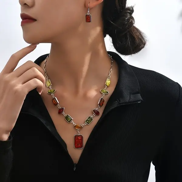 Bohemian Luxury Imitation Amber Square Geometric Combination Necklace Earrings Set