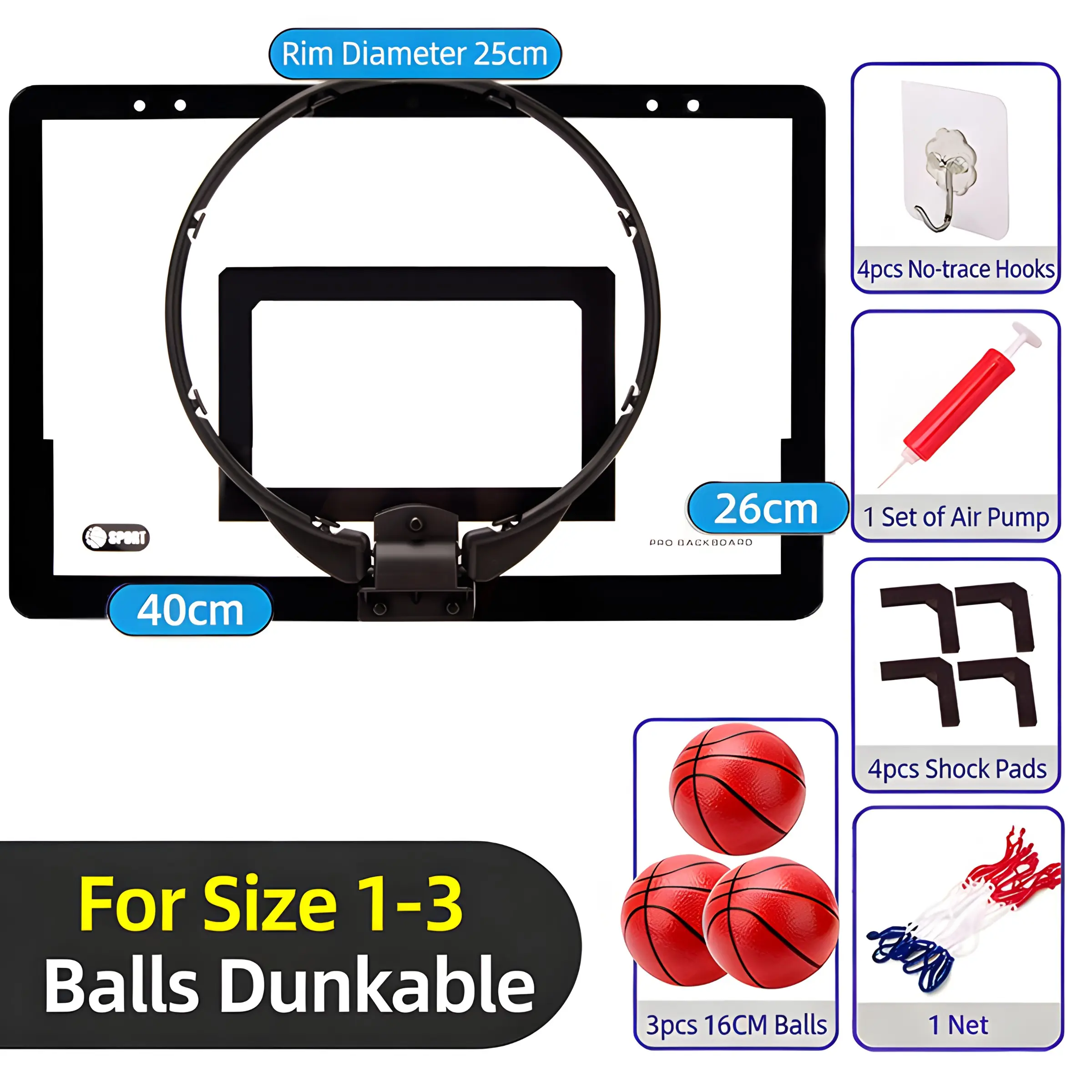 Indoor Foldable Basketball Hoop, Over the Door Basketball Hoop, Kids Door Mount Office Basket, Teen & Adult Mini Hoop, Room Door Basketball, Basketball Equipment, Includes 3 Balls