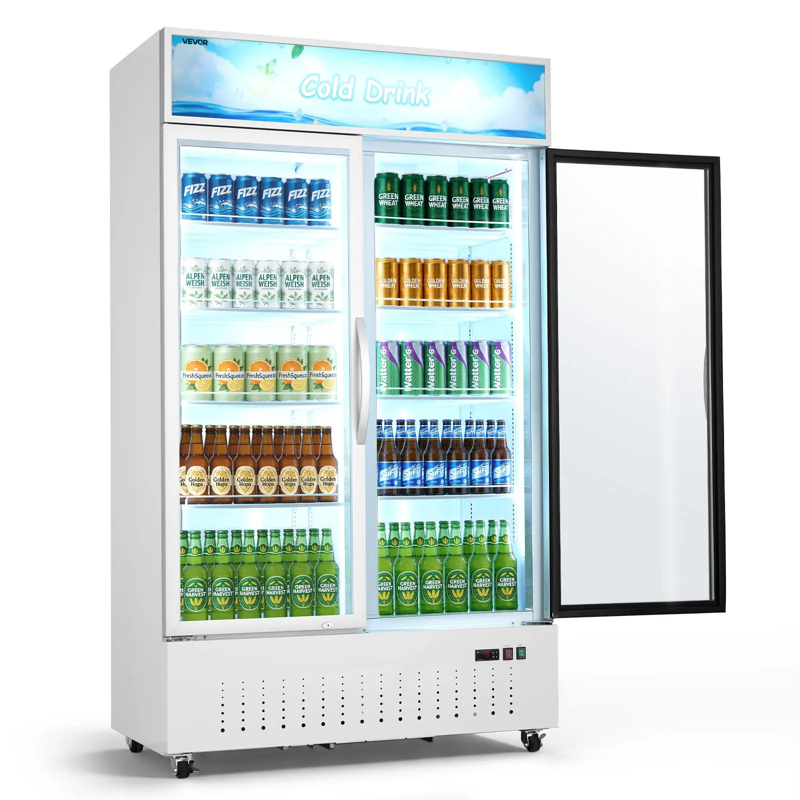 VEVOR Commercial Merchandiser Refrigerator, 35.3 Cu. Ft/1000L Upright Beverage Cooler with Glass Doors, Customizable Lightbox, 8 Adjustable Shelves, Soft LED Lighting, and Casters for Beverage Cooling