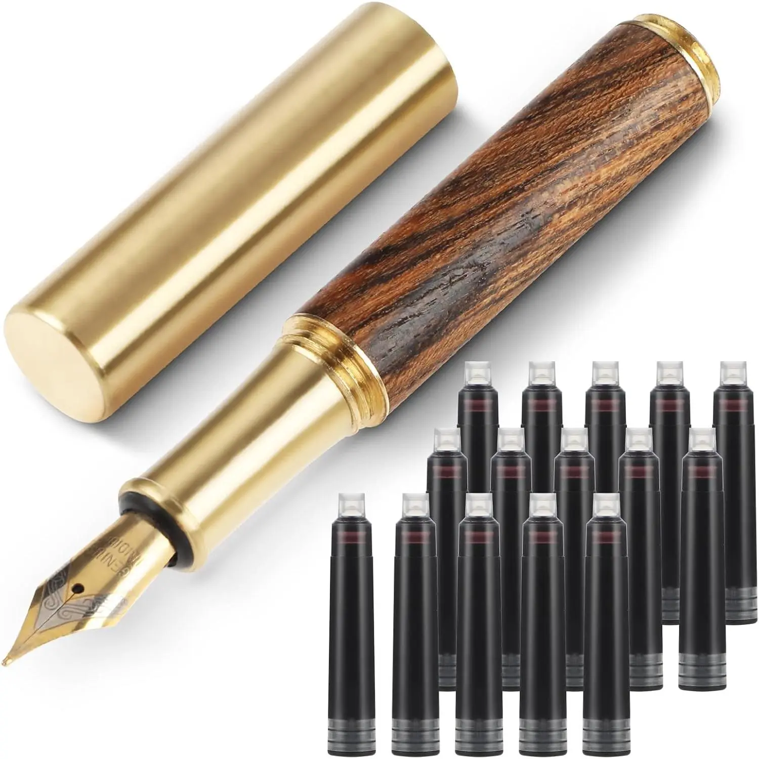 Handcrafted Wooden Fountain PenShort Paragraph (85mm) Pocket Mini Travel Fountain Pen Fancy Pens with 15 count 2.6mm Black Ink Cartridges for Journaling Office School Supplies (Brown)