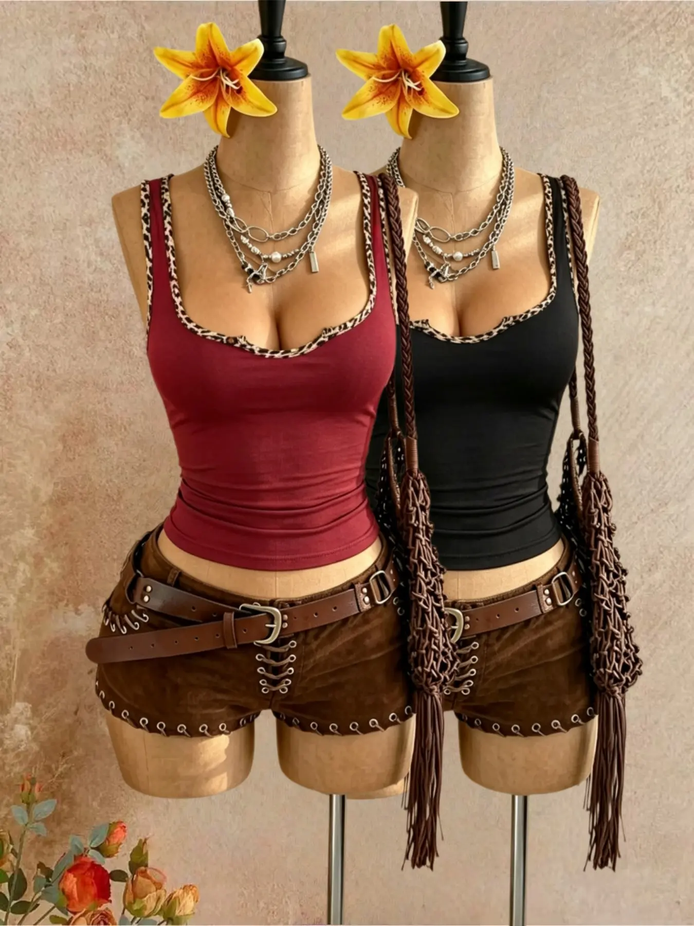 Women's Y2K Style Leopard Print U-Neck Tank Top Set, Slim Fit Ruched Sleeveless Underwear, Vintage Casual Streetwear Basic Tight Top
