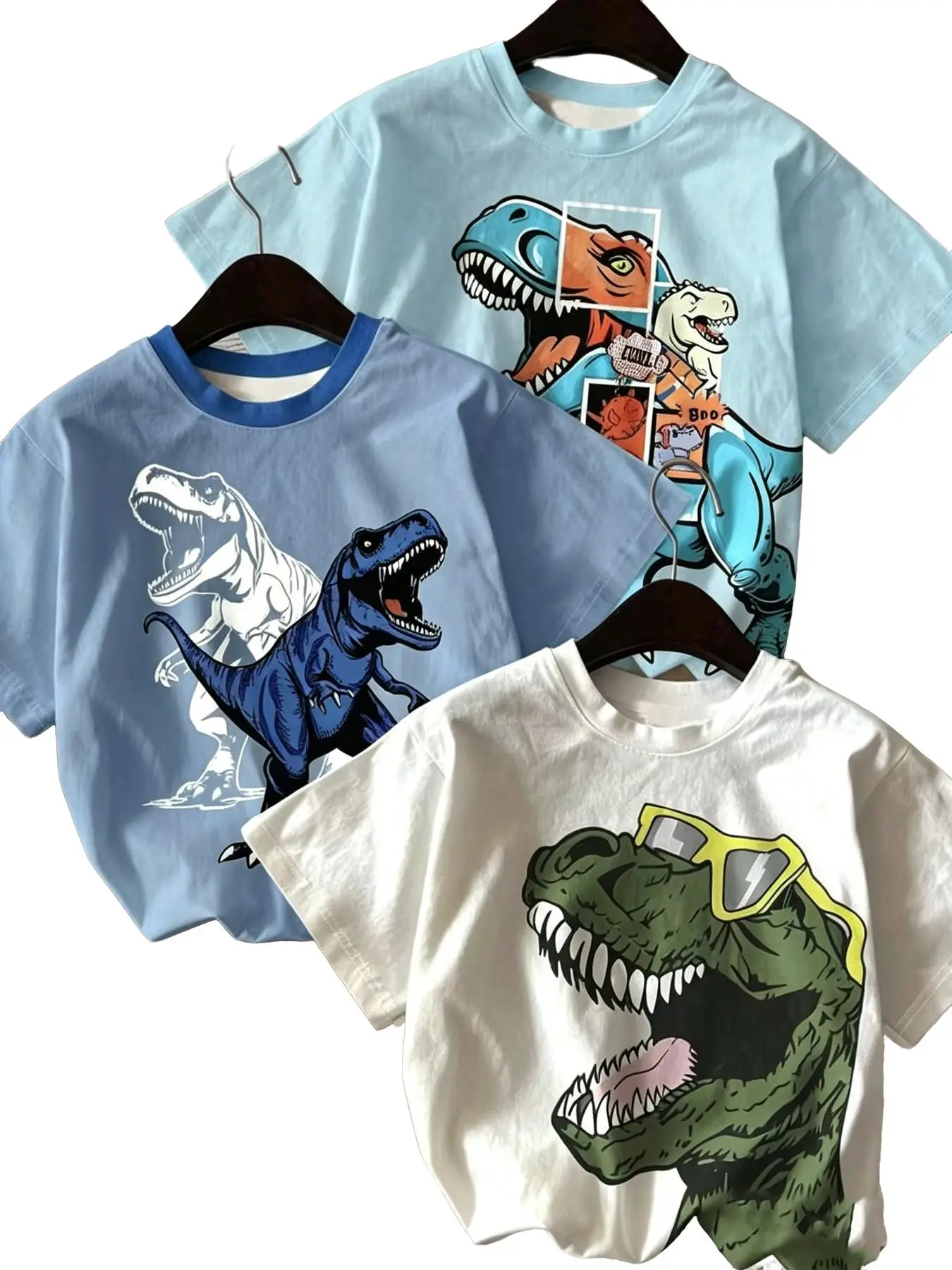 3-Pack Boys' 3D Dinosaur Print Short Sleeve T-Shirts, Animal Graphic Tee, Casual Loose-Fit Summer Tops, Perfect for Daily Wear and Gifts
