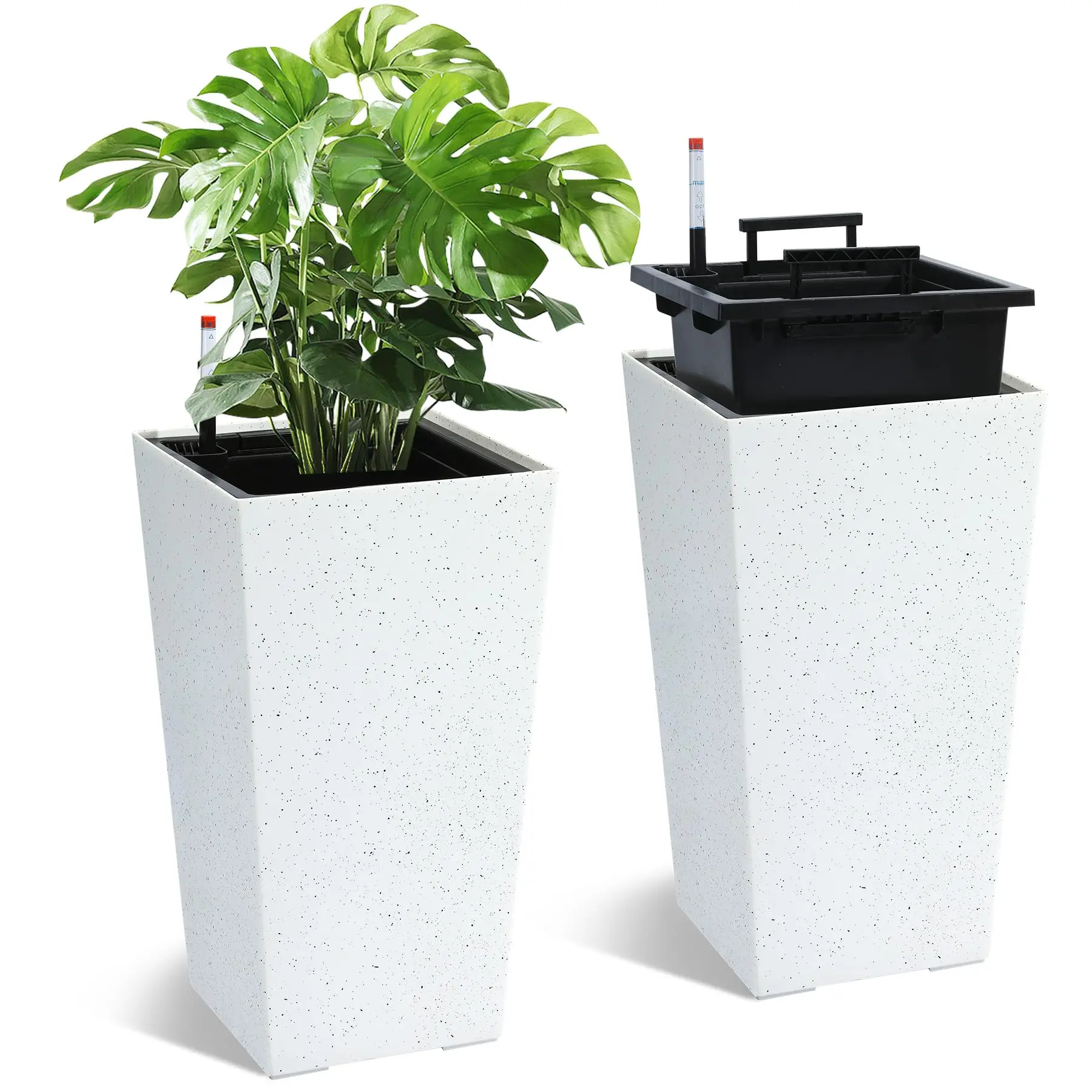 Set of 2 Tall Self Watering Planters Black Taper Resin Planter with Water Level Indicator, Indoor Outdoor Large Flower Pots for Front Porch Patio Decor, Modern Plant Pot, Outdoor Garden Planters