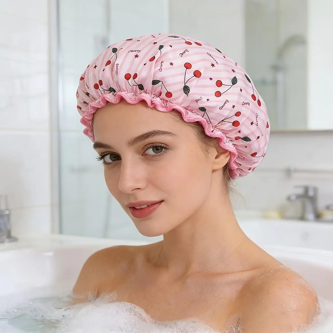 Double-Layer Printed Little Cherry Shower Cap, Cute Shower Cap for Women, Bathing and Home Shower Cap, Bath Accessories