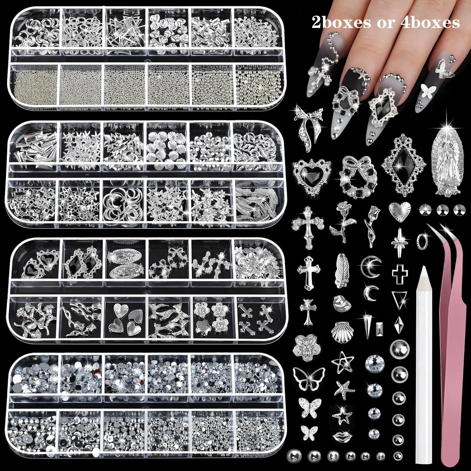 4 Box Set Silver Color Nail Rhinestones, Pearl & Decorative Accessories, Nail Charms, 3D Cross & Heart Stickers, DIY Nail Art Kit
