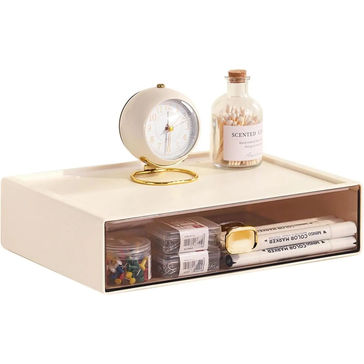 Stackable Desk Organizer with Drawer 13'' Wide Large Desktop Storage Drawer Organizer Clear Plastic Organizer Drawer for Office,Stationery,,Accessories (1 PACK,L-1 Drawer,Cream White)