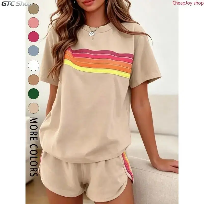 2026 Two-piece Women's Fashion Casual Sportswear Set, Athleisure Activewear Set, Sporty Comfy Breathable Womenswear, Rainbow Striped Design, Perfect for Summer Vacations, Indoor and Outdoor Wear