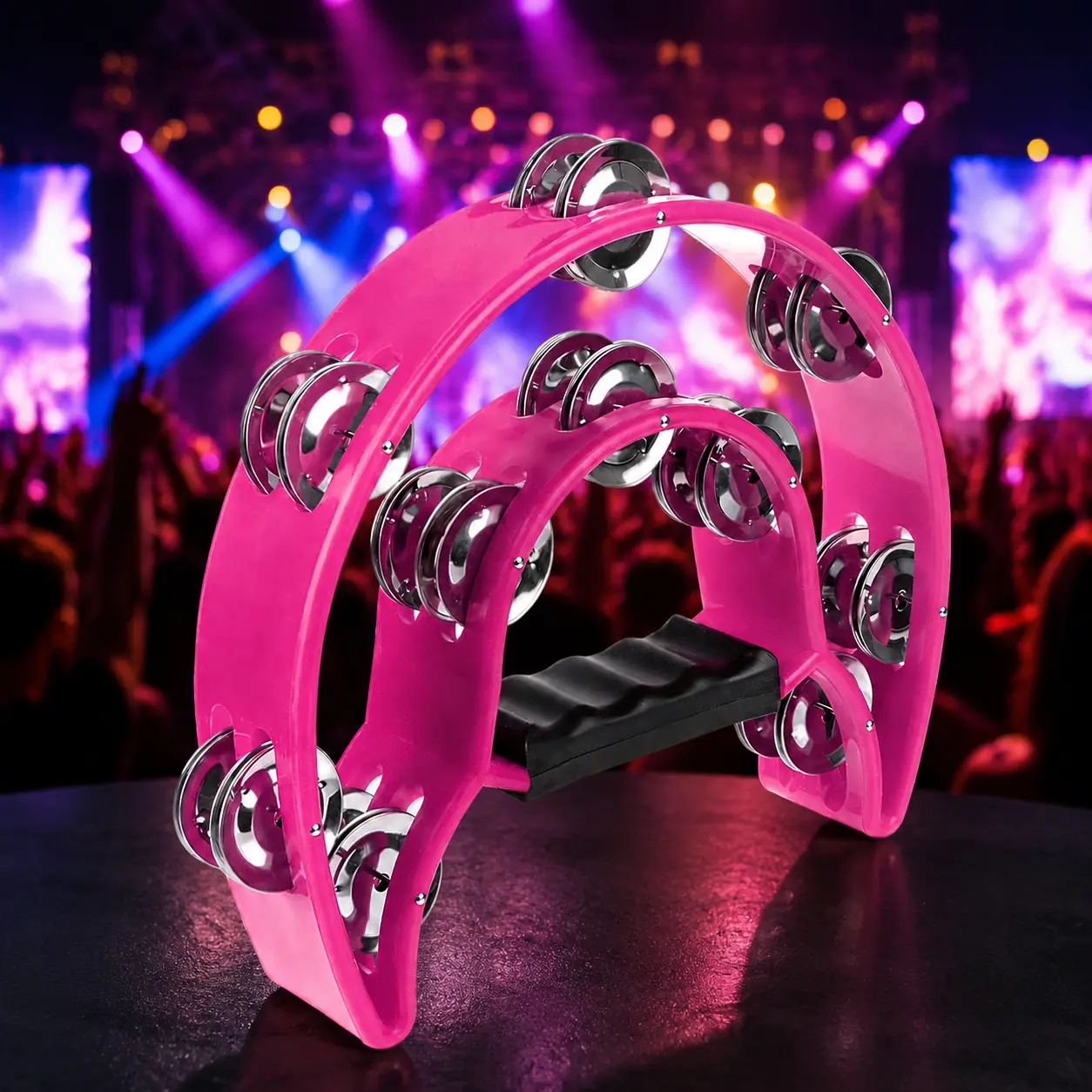 Pink Half Moon Tambourine for Beginners, Double Row Plastic Hand Percussion Instrument with 40 Jingles, Ergonomic Grip for Dance & Entertainment, Party, Performance, Durable And Comfortable Build
