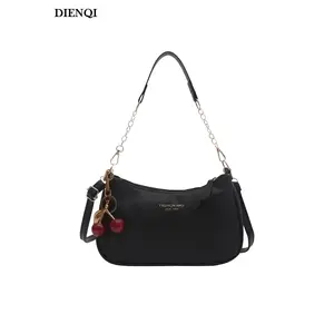 Cherry Pendant Fashion Retro PU Black Shoulder Crossbody Bag Soft Crescent Bag Classic Design Women Armpit Bag Girls Festival Gifts,  With Adjustable Strap, Zipper Closure, Crossbody Shoulder Bags