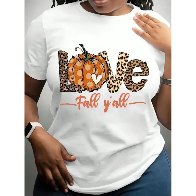 Women's Funny Thanksgiving  Graphic T-Shirt - Crew Neck Tee With Pumpkin & Autumn Leaves Design - Non-Stretch Casual Shirt For Thanksgiving, Halloween, Easter, Mother's Day Gifts - Machine Washable Everyday Top, Thanksgiving T Shirts