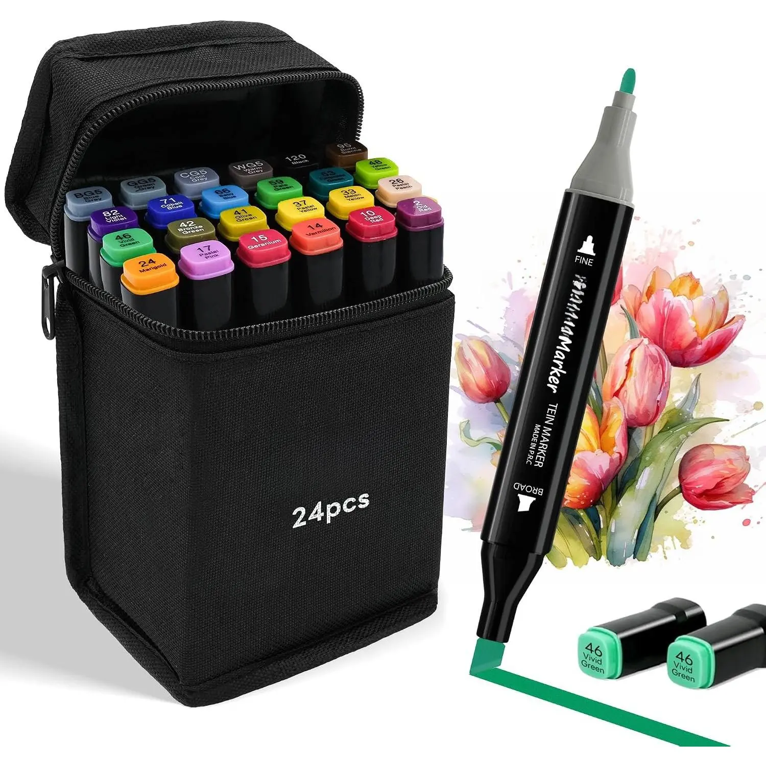 Markers 24 Colors - Drawing Marker for Adult Coloring Books No Bleeding  Tip Art Marker - Art Market Set for School Sketching Coloring  Based Markers with Base