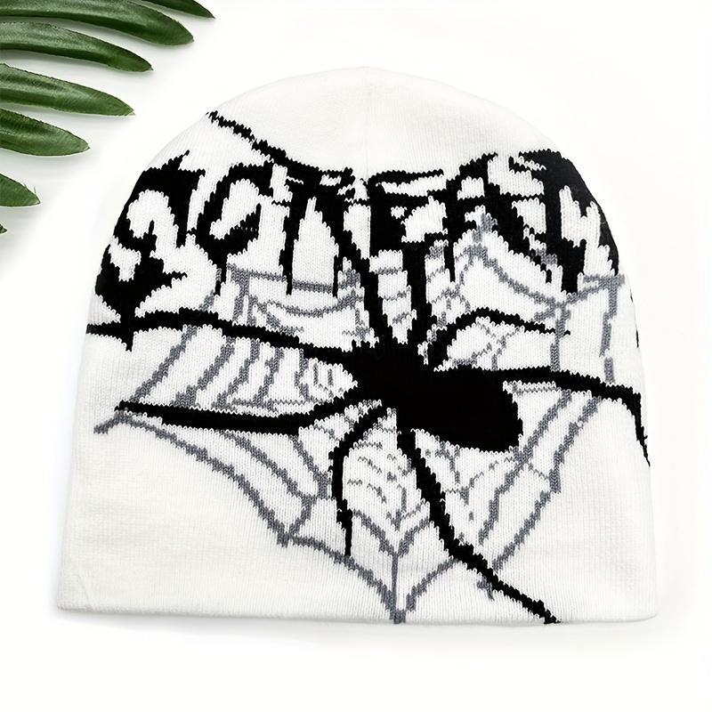 Y2K Unisex Beanie Hat with Halloween Spider Web & SCREAM Letter Design, Stretchy Elastic Band, Warm Winter Skull Cap for Streetwear, Hip-Hop, and Parties (Red/Black/White/Grey)