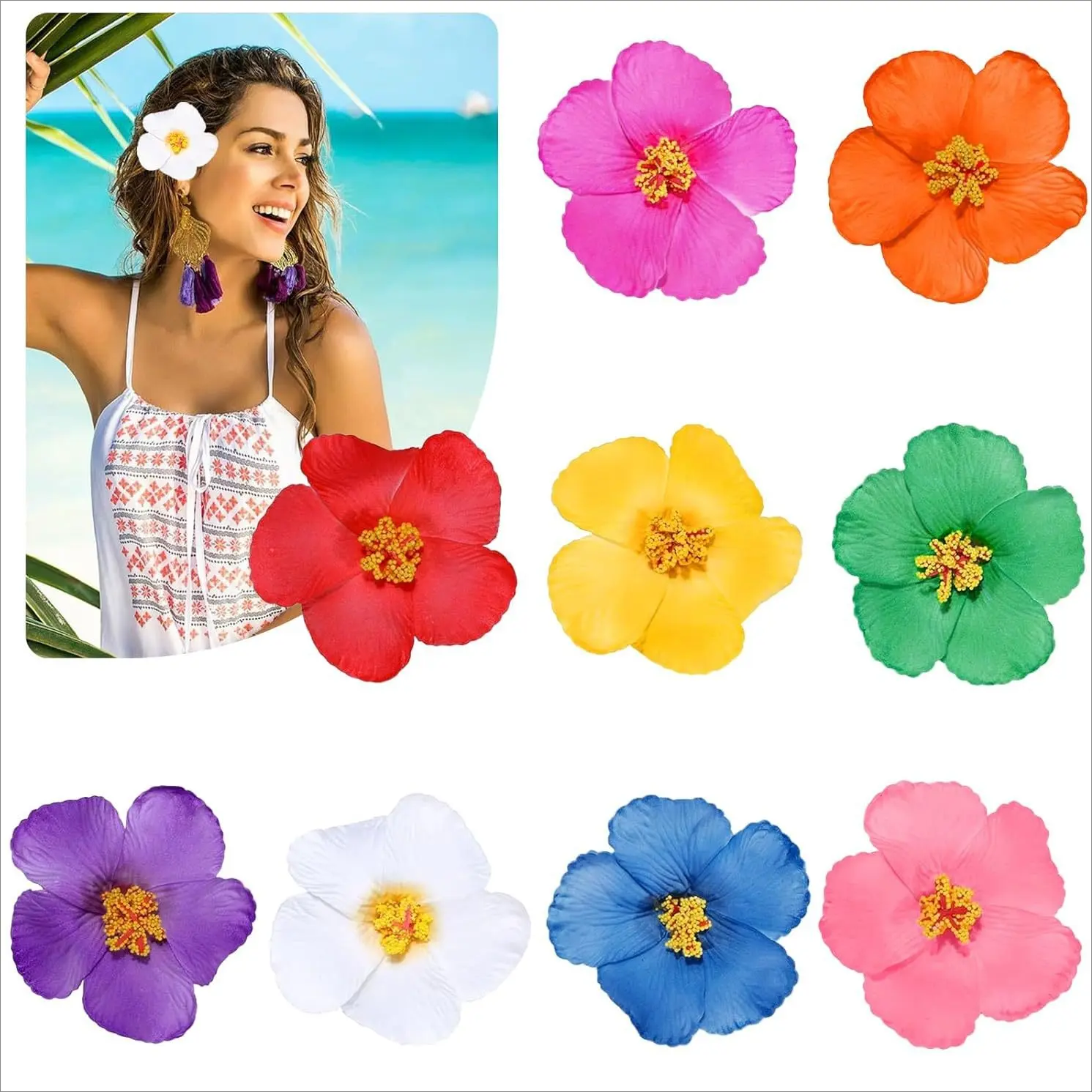 4/5/9-Pack Tropical Hibiscus Flower Hair Clips Set – Cute Summer Beach Vacation Hair Accessories, Bohemian Plastic Floral Clips for Women & Girls, Elegant Daily & Party Wear