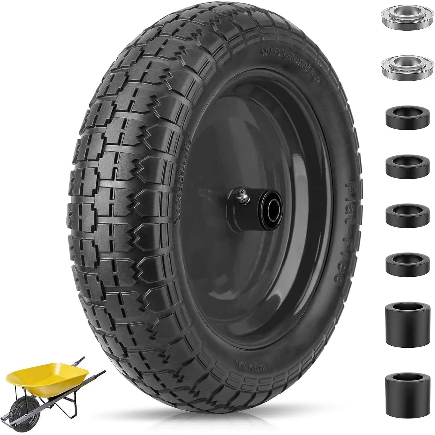 Puncture-Proof Polyurethane Flat Free Wheelbarrow Tire & Cart Wheel (4.80/4.00-8), 14.5" Solid Replacement with 3" Centered Hub, 5/8"-3/4" Ball Bearings, Steel Rims, Stability for Garden Wagon Carts, Universal Fit for 3.50/3.00-8 (Customization Available)