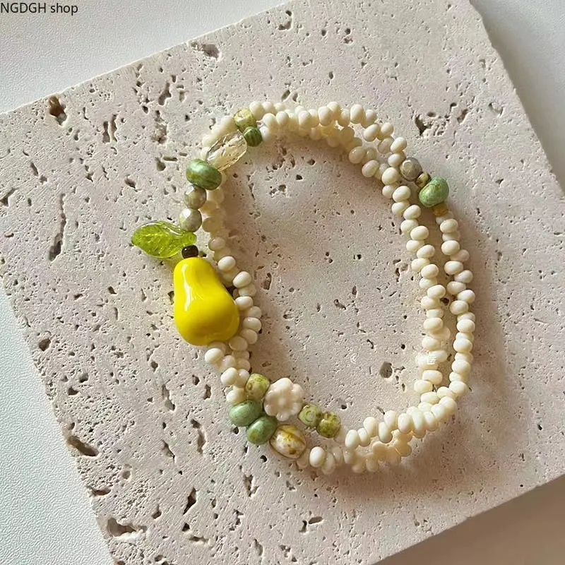 Beaded Bracelet - Soft Pear Fruit Charm Bracelet Women White Green Beads for Daily Casual Wear