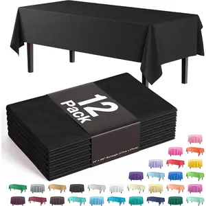 Black Plastic Tablecloth 12 Pack 54" x 108" Disposable Rectangle Table Cover for 6 to 8 Foot, Waterproof & Sturdy, Exquisite Black for Party, Wedding, Birthday, Picnic, Indoor Outdoor