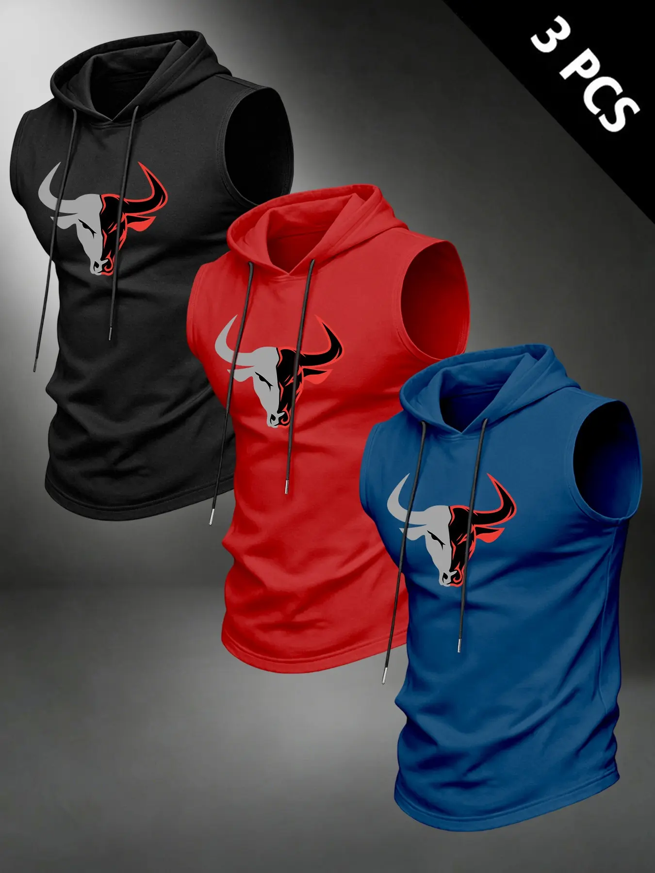 3 Pcs Men's Bull Print Sleeveless Hooded Tank Tops, Fitness Workout Gym Hoodie Vests, Casual Sports Pullover Tops for Athletes, Casual Sportswear