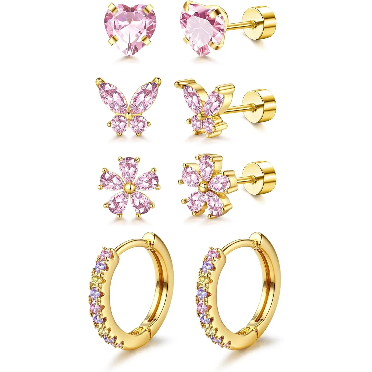 2D Flat, 4 Pairs Golden Plated Earrings Cute Flower Butterfly Heart Strawberry Rainbow Flat Back Earrings Small Daisy Huggie Hoop Earrings Set for Daily Party Travel Birthday Gift for Women