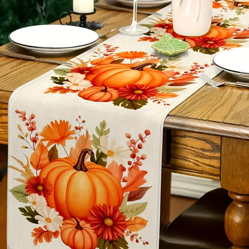 1pc  Fall Series Table Runner  Thanksgiving Autumn Pumpkin & Maple Leaf Pattern Orange/Red/White/Green/Brown Harvest Colors 13x72 Inch Rectangular Kitchen Dining Room Decor Holiday Table Cover